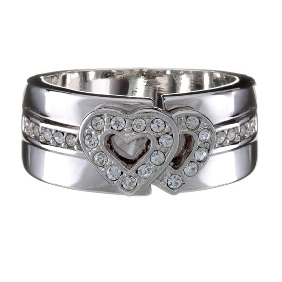 NWT - Silver Double Heart Ring with Crystal Accents - Size 5, 6, 7, 8, 9 - Picture 1 of 1